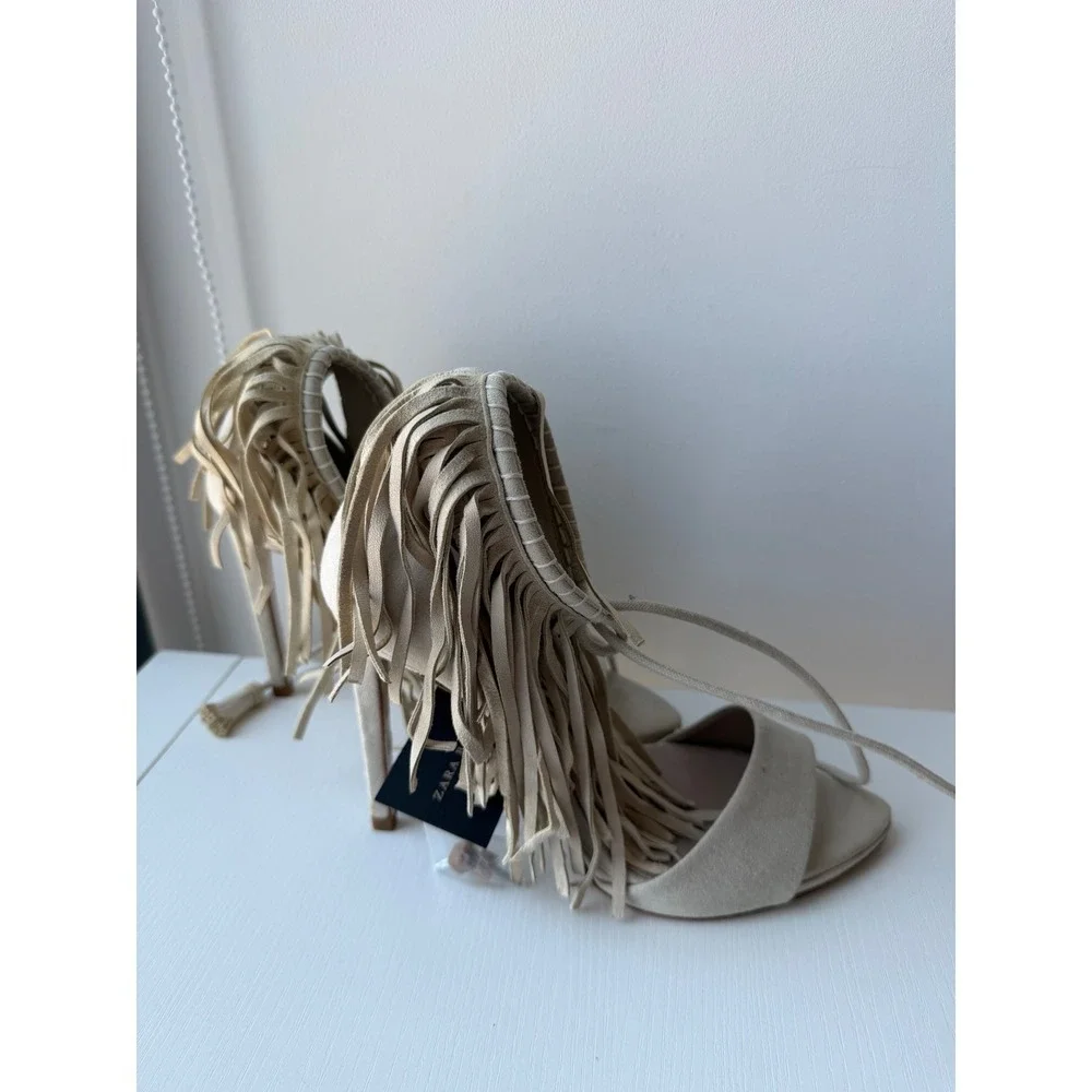 Zara Beige Faux Suede Fringe Lace Up Tassel Stiletto Heeled Sandals Size 8  NWT